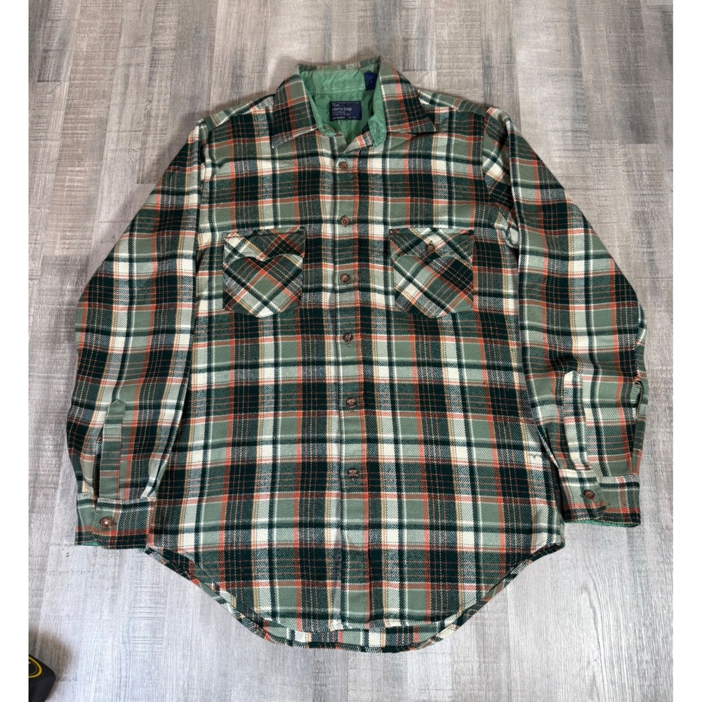 Vintage JCPenney 70s Mens Shop Plaid Flannel Shirt Green Orange M Tall Acrylic